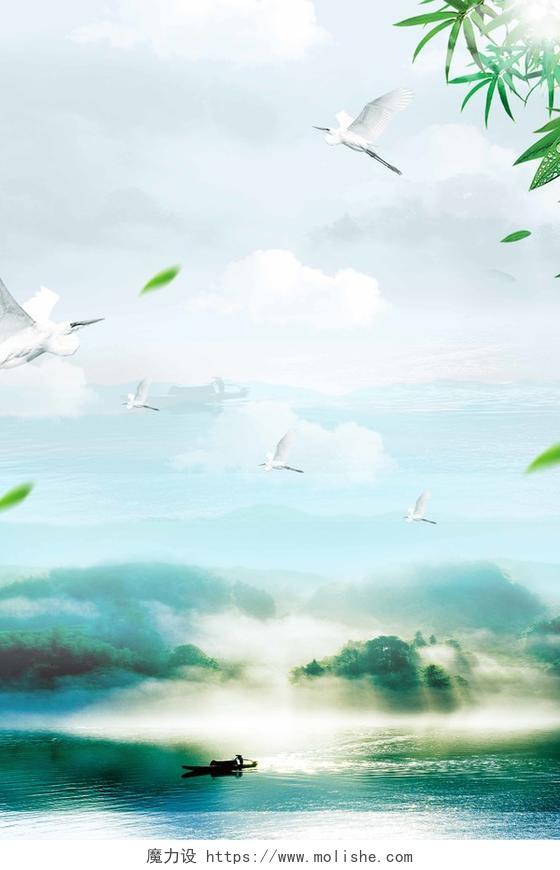 鸟语花香绿色生态环境湖水绿草小船海报绿色环保背景